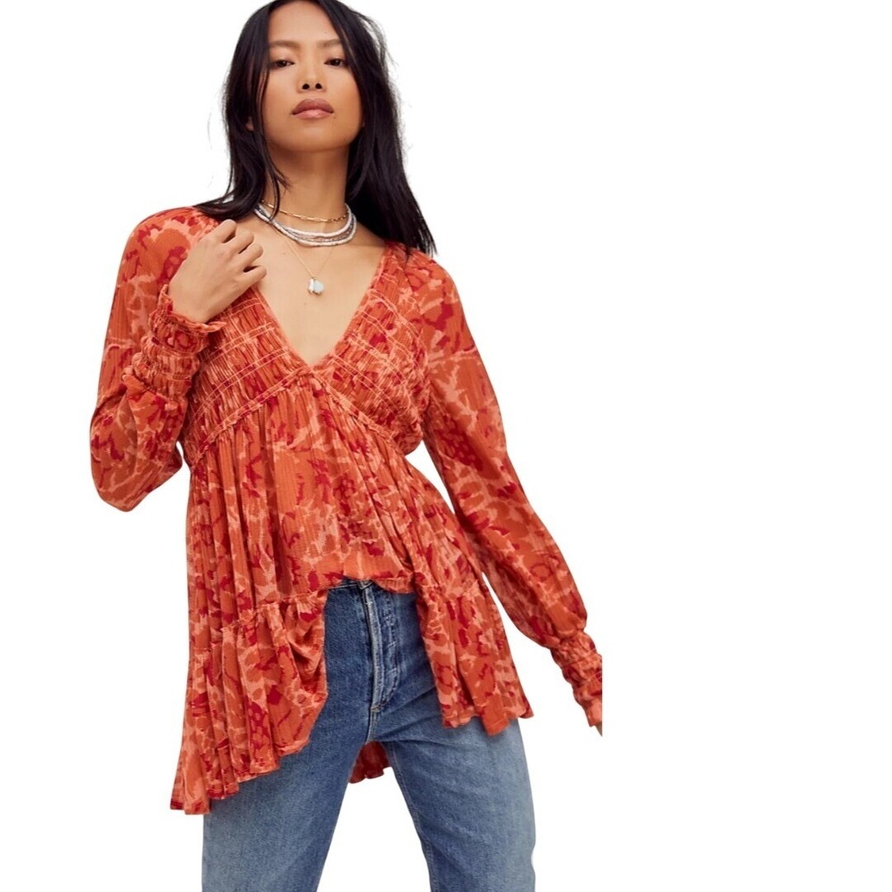 Free People Orange Floral Print Long Sleeve Smocked Tunic Top Bohemian Boho